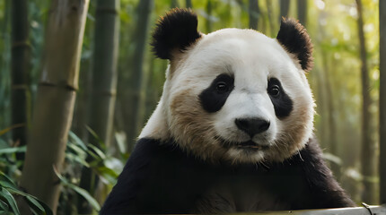 Fototapeta premium panda bear sitting on a bamboo fence in a bamboo forest