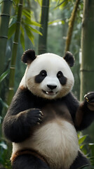 Obraz premium panda bear sitting on a rock in a bamboo forest