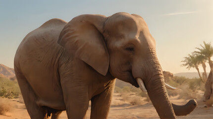 Obraz premium a large elephant walking in the desert with trees in the background