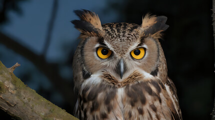 Fototapeta premium a owl that is sitting on a branch with yellow eyes