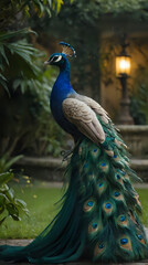 Fototapeta premium peacock with blue tail feathers standing on a stone walkway in a garden