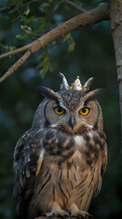 Fototapeta premium a owl with a crown on its head sitting on a branch