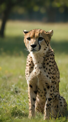 a cheetah sitting in the grass looking at the camera
