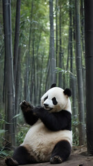 Obraz premium panda sitting on the ground in a bamboo forest with its paws up