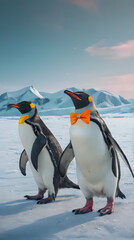 Obraz premium penguins with orange bow ties walking in the snow with mountains in the background