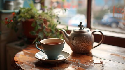 Fototapeta premium A table with a full chai mug and an aromatic tea pot