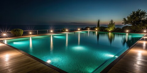 Fototapeta premium Dark and serene pool at night with glowing lights reflecting on water surface, night, pool, dark, serene, glowing, lights