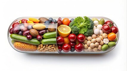 Nutritional supplement capsule filled with fruit, vegetables, nuts, and beans , medicine, health, vitamin, supplement, capsule