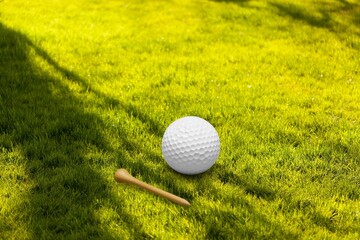 Golf clubs and balls on green lawn at course