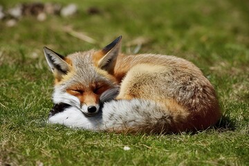Obraz premium sleeping fox in the middel of the day of spring