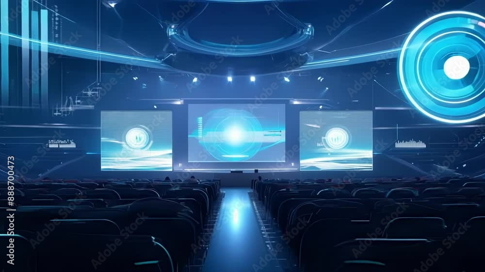 Poster the auditoriums pulse with energy as holographic hands move virtual charts and graphs in sync with t