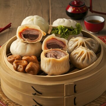 Chinese steamed pork shumai, steamed pork bun, sweet bun and dampling in bamboo steamer