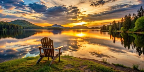 Fototapeta premium Scenic landscape with a mountain lake and chair overlooking the sunset , nature, tranquil, serene, peaceful, mountain, lake