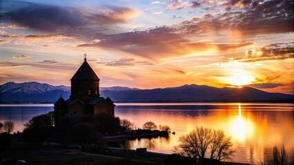 Fototapeta premium Beautiful sunset over Lake Van and the Armenian Cathedral on Akdamar Island, sunset, Akdamar Island