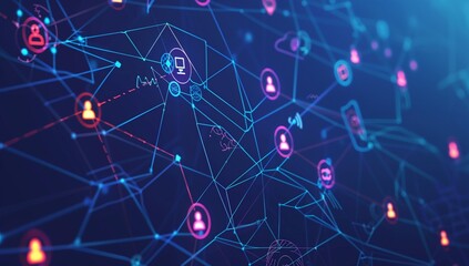 AI-driven network design with human and data icons on dark blue.