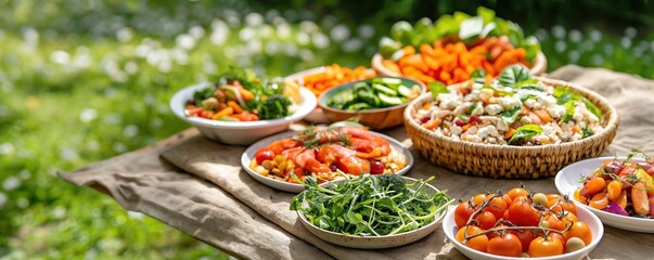 Fototapeta premium Vibrant vegetarian picnic spread with diverse dishes