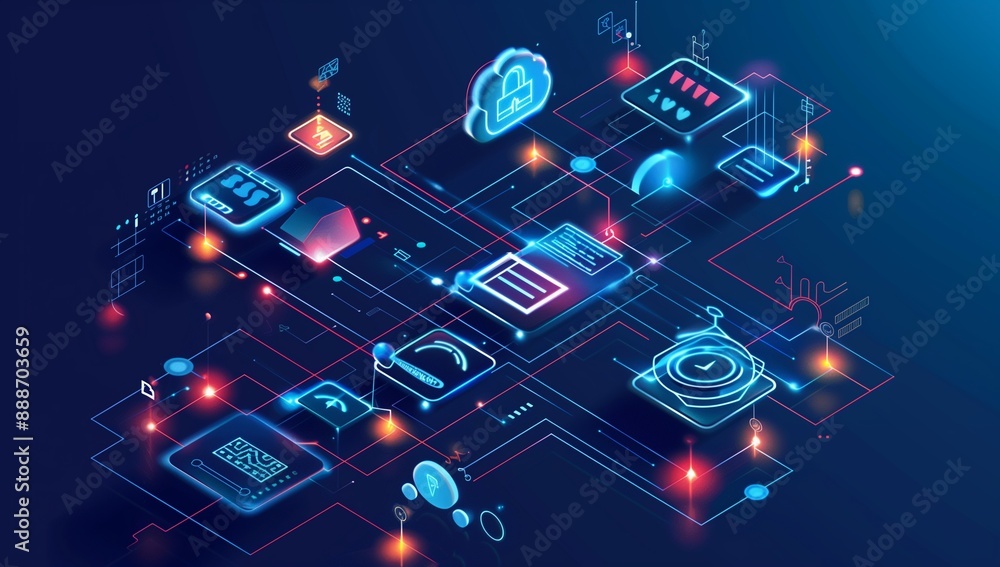 Wall mural network with software tools and ai icons interconnected in blue.