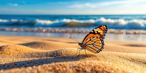 Obraz premium Butterfly perched beautifully on a sandy beach, Butterfly, sand, beach, wings, colorful, insect, nature, peaceful, serene