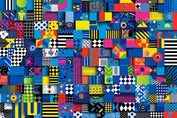 Modern digital collage with geometric patterns and vibrant colors dynamic and imaginative design striking visual impact playful and lively atmosphere