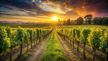 Naklejka premium Vineyard at sunset with rows of grapevines glowing in the warm evening light, vineyard, sunset, grapevines, rows