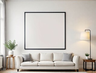 Beige sofa large blank framed poster mockup, and plants, natural light background, home decor concept. 3D Rendering