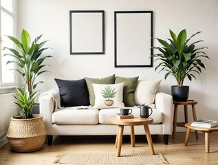 Beige sofa large blank framed poster mockup, and plants, natural light background, home decor concept. 3D Rendering