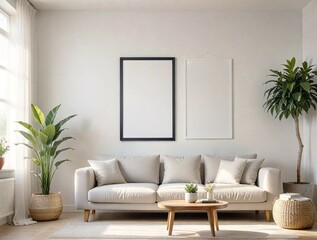 Beige sofa large blank framed poster mockup, and plants, natural light background, home decor concept. 3D Rendering
