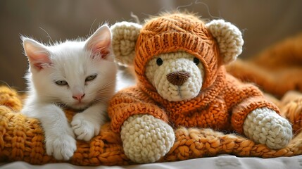 Fototapeta premium A white kitten in closeup resting next to a teddy bear in an orange sweater