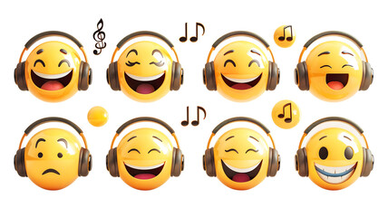 Set of various cheerful emojis with headphones, depicting fun and musical enjoyment