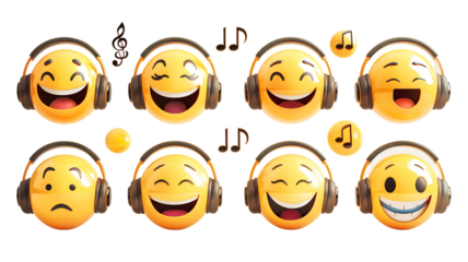 Set of various cheerful emojis with headphones, depicting fun and musical enjoyment