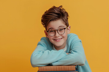 A medium shot of a cheerful young boy with glasses, smiling brightly while leaning on a stack of books against a plain yellow background. 