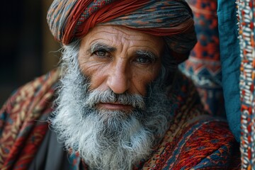 An elderly man with a long, white beard stares directly at the camera while wearing a traditional turban and colorful, patterned clothing