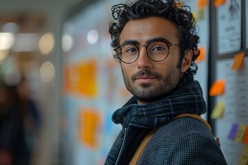 Fototapeta premium A young man with curly hair, wearing round glasses and a scarf, stands in a public space and looks directly at the camera