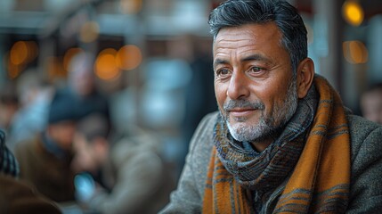 Obraz premium An older man sits outside, wearing a scarf, and smiles gently. A blurred background of other people and buildings suggests a bustling city