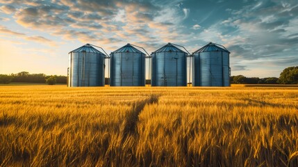 Photo of a silo in a wheat field Storing agricultural products