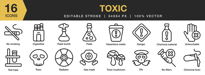 Set of 16 Toxic icon set. Editable Stroke Icon Collection. Includes chemical, die, gas mask, radiation, test tube and More. Outline icons vector collection.