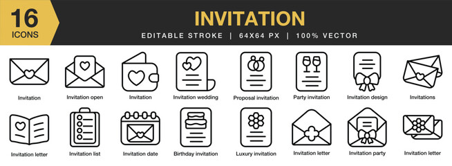 Set of 16 Invitation icon set. Editable Stroke Icon Collection. Includes birthday invitation, invitation latter, party invitation, invitation list, and More. Outline icons vector collection.