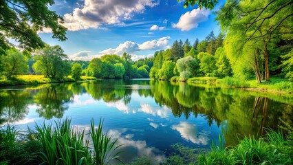A beautiful nature background with lush greenery and a serene lake, nature, background, landscape, trees, water