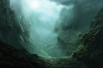 Mystical valley with overgrown rocks and a river running through it