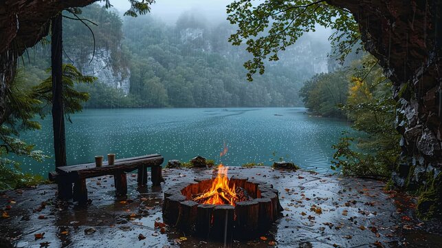 A roaring fire burns brightly on a lakeshore campsite, surrounded by green trees, a bench, and the gentle patter of rain
