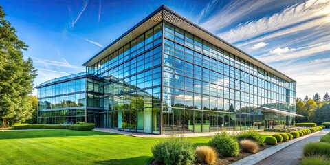 Fototapeta premium Modern glass building surrounded by lush landscaping under a clear blue sky on a sunny day, glass building