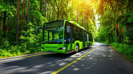 Eco-friendly green bus driving through a lush forest road bathed in sunlight, promoting sustainable and environmentally friendly transport.