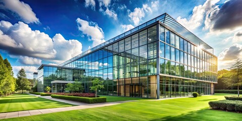 Naklejka premium Modern glass building surrounded by lush green landscaping under a sunny sky , architecture, modern, glass, building