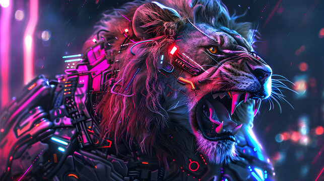 Cybernetic lion with fierce expression and glowing eyes in a neon-lit futuristic landscape, mecha tech walpaper