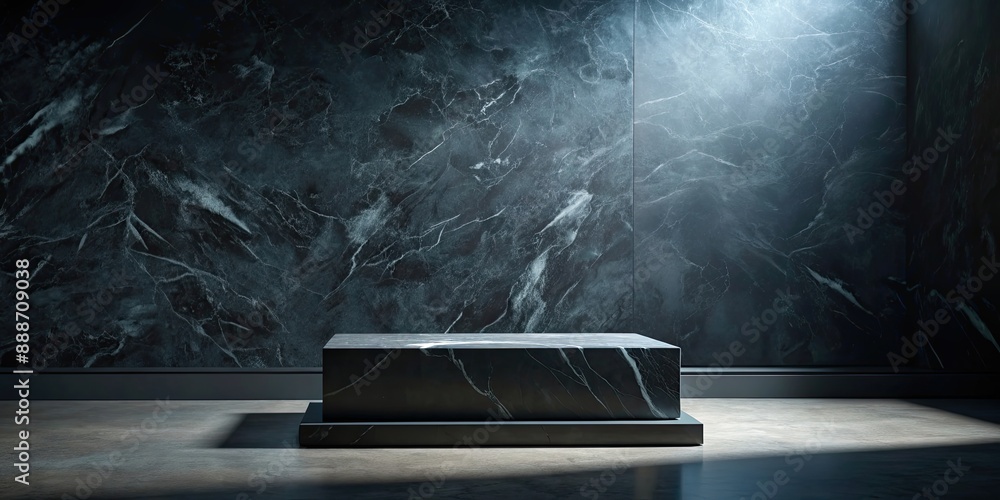 Poster Black marble stand against a dark wall in a moody atmosphere, marble, stand, display, podium, black, dark