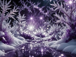 Mesmerizing blend of purple and white in this forest, with a peaceful stream and dramatic lightning