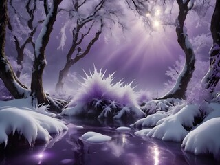 Mesmerizing blend of purple and white in this forest, with a peaceful stream and dramatic lightning