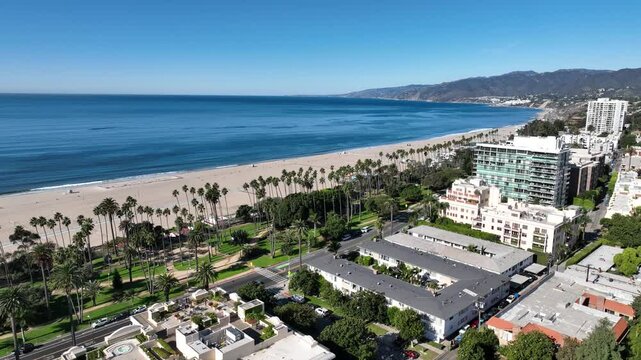 Santa Monica At Los Angeles California United States. Turquoise Ocean Waves Gently Crashing On Tropical Beach. Metropole Skyline High Rise Building Stunning. Metropole Cityscape.
