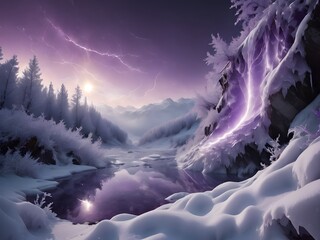 Mesmerizing blend of purple and white in this forest, with a peaceful stream and dramatic lightning