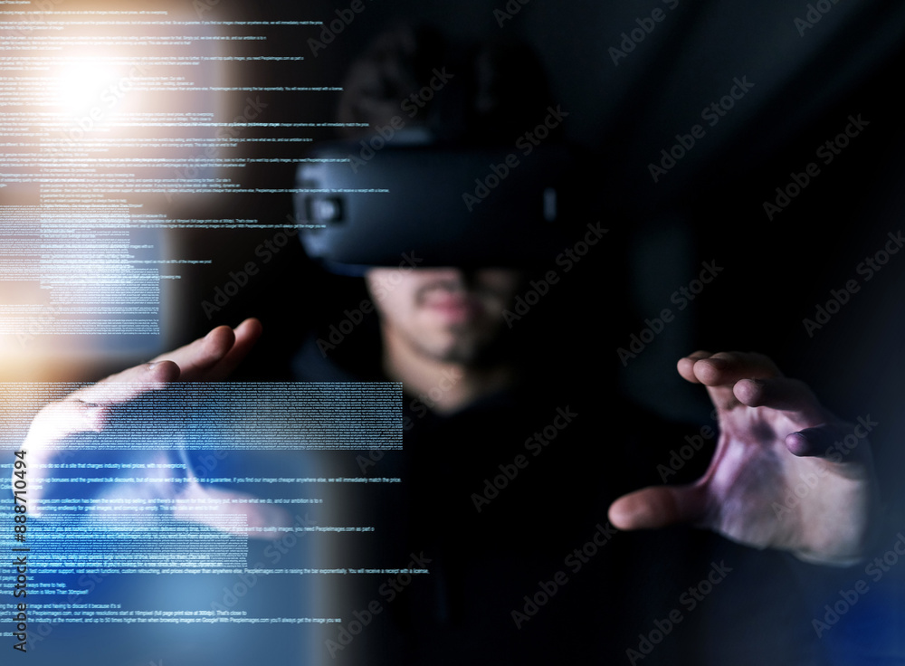 Poster man, virtual reality and hands with hologram overlay for code, it or futuristic ux by computer. prog